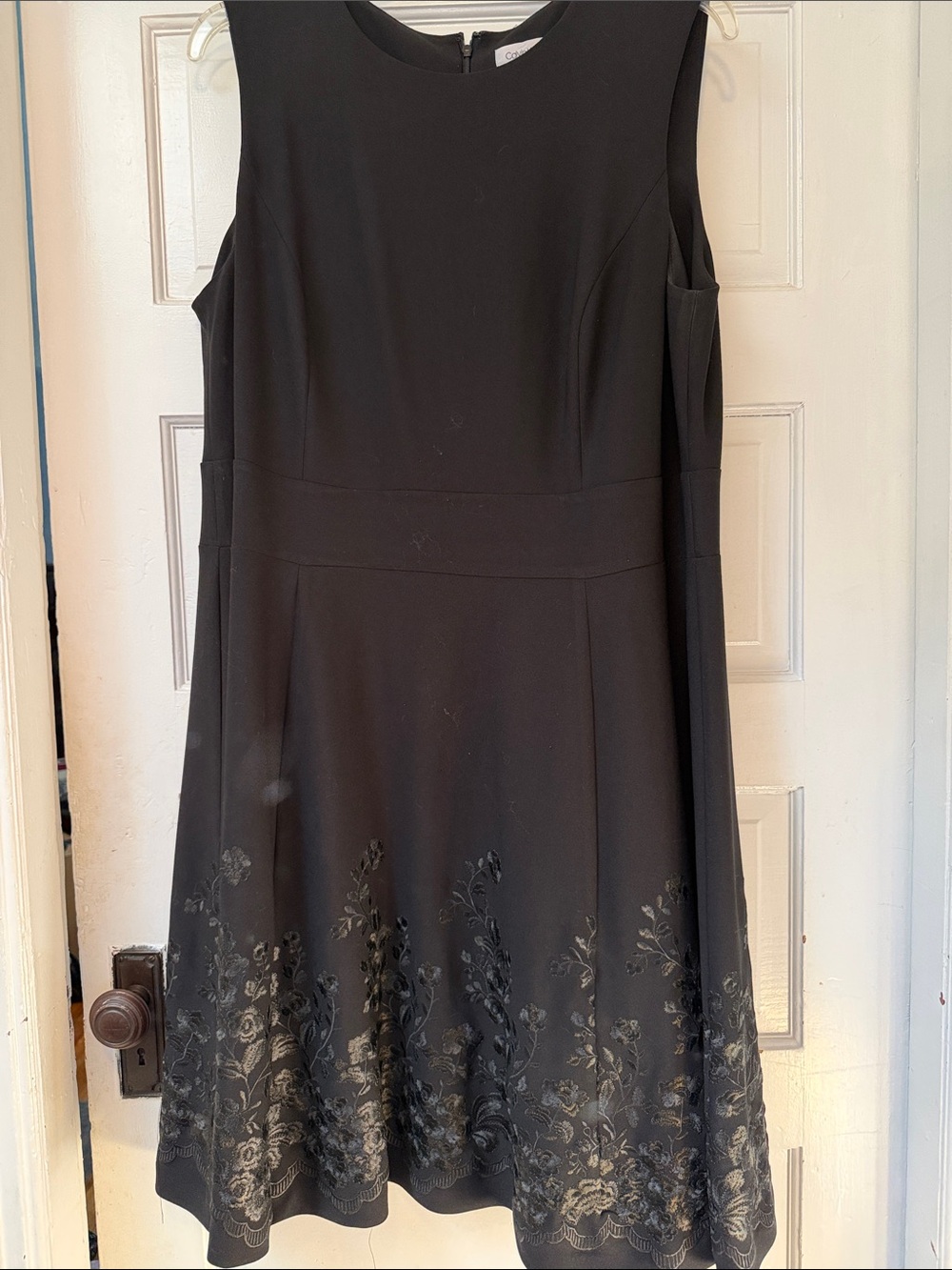 Calvin Klein Plus size Black Sleeveless Midi Dress with Floral Hem Embroidery
